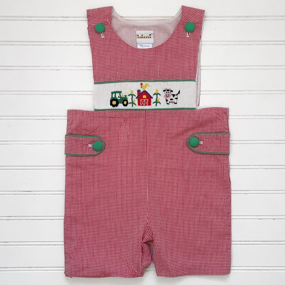 BABEENI EUC Hand Smocked Barnyard Farm Animals Gingham Heirloom Shortalls